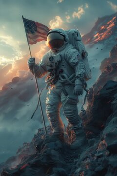 A conceptual photo of an astronaut planting a flag on a newly discovered exoplanet, representing human ambition and the desire to expand beyond Earth's boundaries