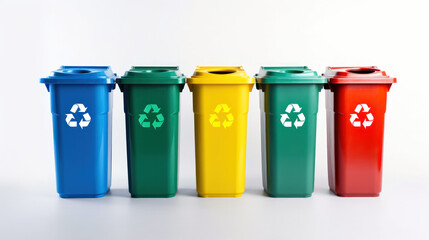 Row of Colorful Trash Cans With Recyclables - obrazy, fototapety, plakaty