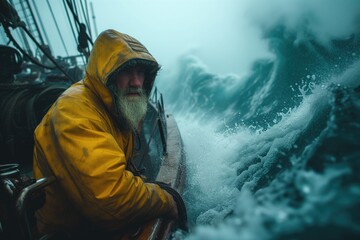 The sailor and fisherman bravely navigated through the stormy sea - obrazy, fototapety, plakaty