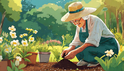 old lady planting flowers in garden, art design - obrazy, fototapety, plakaty