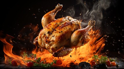 Whole roasted chicken on a dark background with flames and smoke.