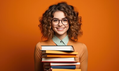 a beautiful girl looking at the camera and holding books on an orange background