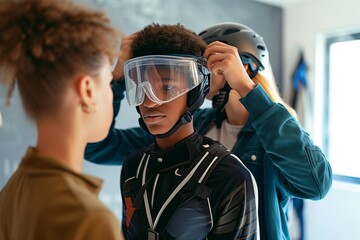 a teen trying on protective gear with friends assistance