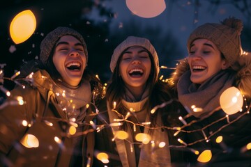 laughing friends wrapped in lights at night