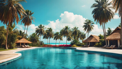 tropical resort with swimming pool - obrazy, fototapety, plakaty