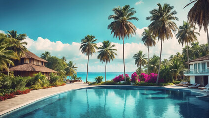 tropical resort with swimming pool - obrazy, fototapety, plakaty