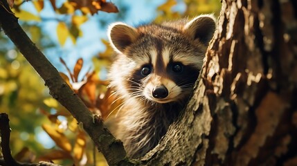 Portrait of a raccoon on a tree in the autumn forest
