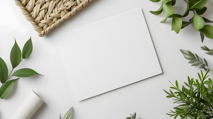 Rectangular blank white empty paper board in romantic mockup for advertising invitation message, space for text, minimalistic, love wedding flowery note concept - obrazy, fototapety, plakaty