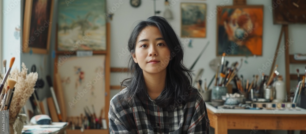 Canvas Prints Female Asian artist creating video content about art in her studio as a blogger.