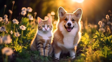 Cute corgi dog and cat together on the grass at sunset