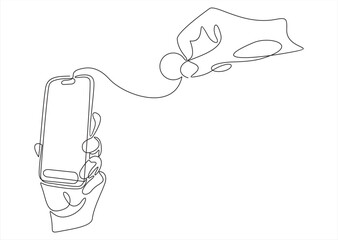 Hand with coin on a white background. The hand puts coins in the smartphone. The concept of online payment, donations, recharge, savings.Continuous one line. 