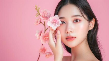 Korean Beauty with Delicate Blossoms Perfect Skincare Portrait.