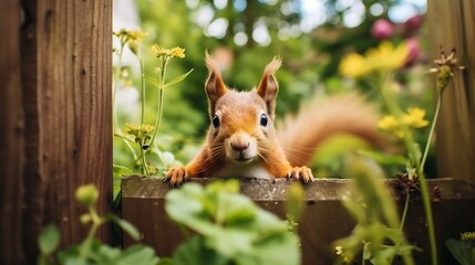 Cute red squirrel in the garden. Selective focus. Animal.