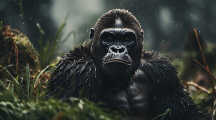Portrait of a gorilla in the rain.
