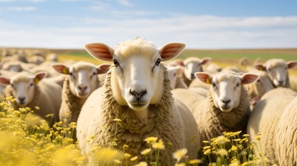 Obraz premium Sheep in a field of yellow flowers, close-up.
