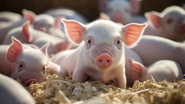 Newborn piglets on a farm. Selective focus and shallow depth of field.
