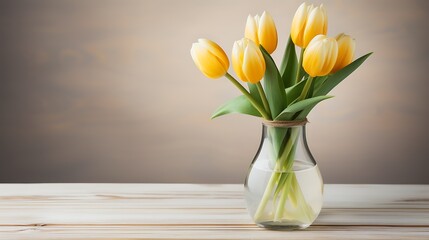 Bouquet of yellow tulips in vase on wooden table