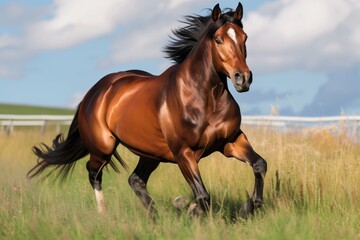 bay horse with determined expression racing at viewer, grassy terrain