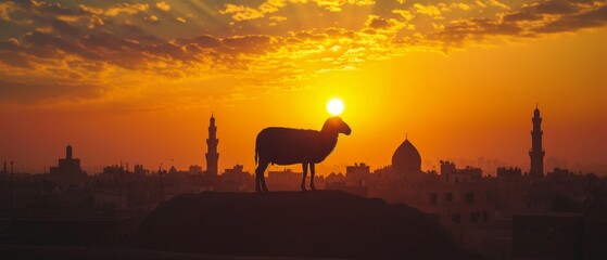 silhouette of a sheep prominently featured in the foreground city scape