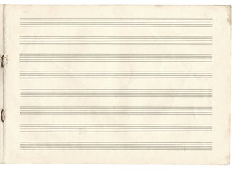 Obraz premium Music old notebook sheet in a ruler for recording notes. Horizontal music page with five-line staff without key. Music notation elements for design.
