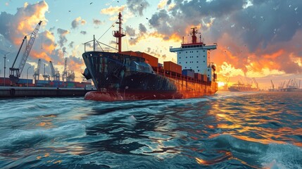 Cargo ship in sea or ocean. Freight transportation concept. Cargo Ship illustration banner with copy space. Logistics and transportation concept. Cargo ship. Freight transportation - obrazy, fototapety, plakaty