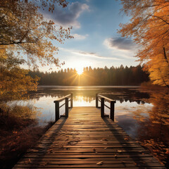 Autumn forest landscape with wooden pier.