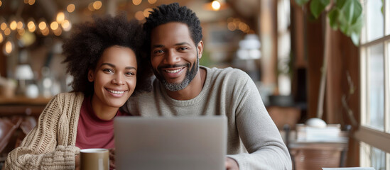 Happy young married couple looking at laptop together at cozy home office