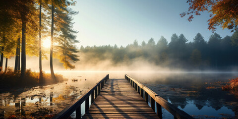 Autumn forest landscape with wooden pier. - obrazy, fototapety, plakaty