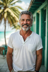 Fototapeta premium handsome happy man with beard and gray hair on vacation posing at a seaside resort