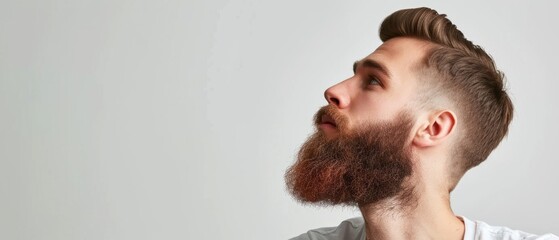 Handsome well groomed bearded man on white background, space for text.  Beard style for men, beard care grooming. Barbershop banner template. Male cosmetology and beard health concept