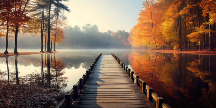 Autumn forest landscape with wooden pier.