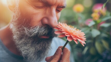 A close-up of a mature man with a seasoned beard, a striking orange flower next to his face, creating a beautiful juxtaposition between rugged masculinity and delicate nature