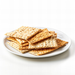 Assorted Crispy Matzo Flatbreads on White Plate - Unleavened Bread for Passover Feast, Isolated on White Background