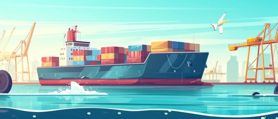 Cargo ship in sea or ocean. Freight transportation concept. Cargo Ship illustration banner with copy space. Logistics and transportation concept. Cargo ship. Freight transportation