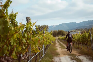 man riding next to a vineyard