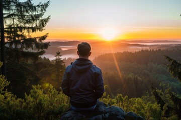 guy watching sunrise from forest hilltop