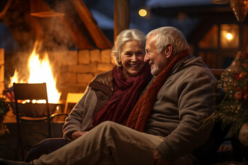 Fototapeta na wymiar Senior couple sitting and heating together at outdoor fireplace in winter evening.