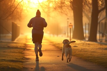 adult running at sunrise with a labrador on a quiet park trail
