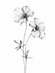 Black and white style line drawing geraniums flowers