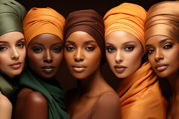 six turban clad women on brown background, pop colorism, light amber and gray, light orange and dark emerald, neutral color palette