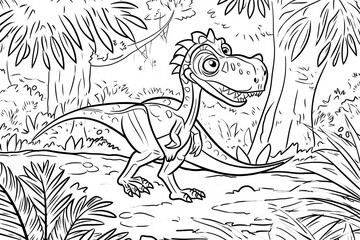 Troodon Dinosaur Black White Linear Doodles Line Art Coloring Page, Kids Coloring Book