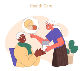 Health care. Elderly woman assisting partner with medication, a tender moment in senior health management. Flat vector illustration