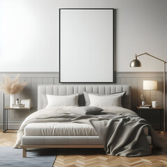 Mock-up frame in cozy bedroom interior background, 3d render