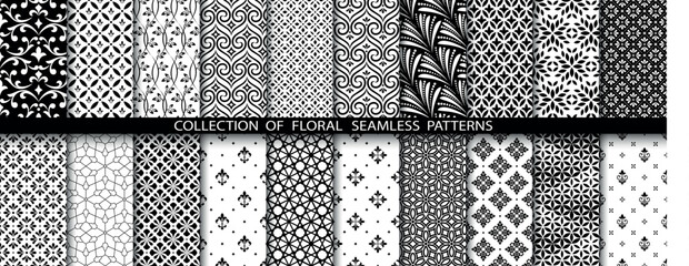 Geometric floral set of seamless patterns. White and black vector backgrounds. Damask graphic ornaments.
