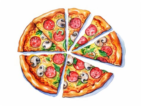 Drawing of a Pizza Cut Into Eight Slices. White background. Watercolor illustration.