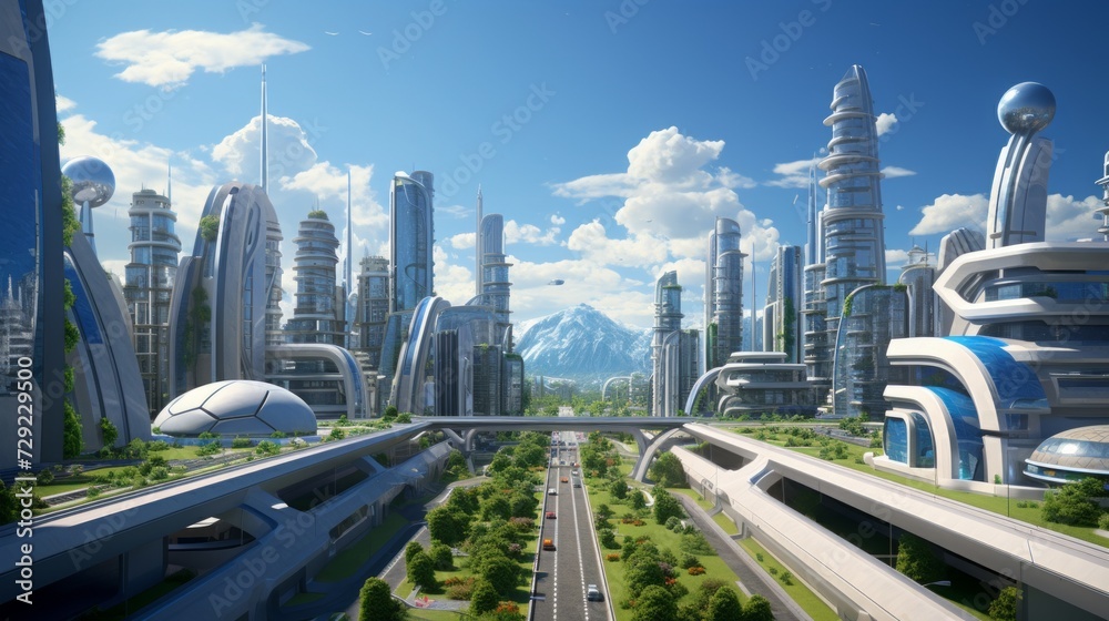 Poster an artistic representation of a futuristic city featuring energy-efficient buildings, innovative tra