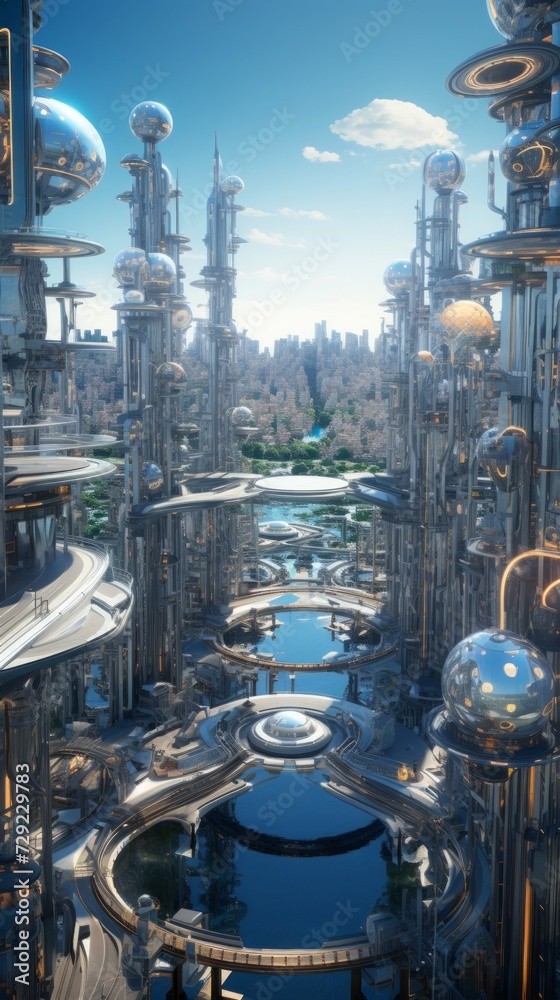 Poster an ultramodern cityscape featuring self-sustaining skyscrapers, flying drones, and an intricate netw