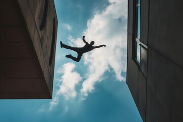 person captured in a flying kick pose while bridging two building gaps - obrazy, fototapety, plakaty