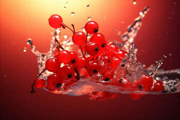 Vibrant Red Currants Splashing into Water with Dynamic Motion and Vivid Contrast Against Sunset Background - Freshness Concept