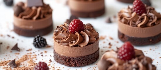 Series of mini chocolate mousse cakes displayed on a tablecloth.